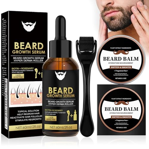 Bartwuchs Kit, Bartwuchs Serum, Bartwachs, mit Bartroller, Bartwuchs Öl, Bartwachstum Set, Fördert das Bart- und Haarwachstum; ein Geschenk für Männer Oder Väter
