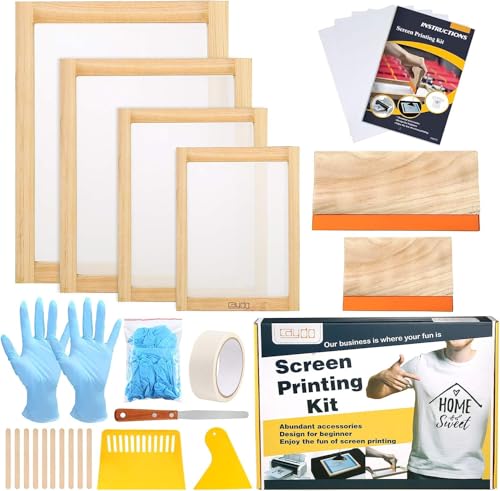 Caydo 31-teiliges Siebdruck Starter-Set beinhaltet 4 verschiedene Größen von Holz Siebdruck Rahmen mit 110 Mesh, Rakeln, Inkjet-Transparenzfilm, Tintenmesser, Handschuhe und Maskenband