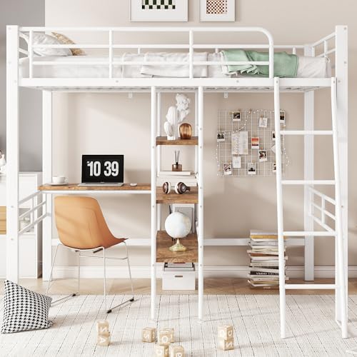 Kebnor Hochbett, 90 * 200cm, ohne Matratze, Bett mit Schreibtisch, Mehrere Regale, Geländer, Leiter, Eisenrahmen (Weiß)