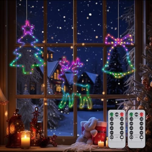 PUTINEI LED Weihnachtsbeleuchtung,3 Stück 135 LED Weihnachtsbeleuchtung Fenster Außen,Beleuchtet mit Batteriebetriebene, Timer,Weihnachtsbeleuchtungs innen für Weihnachten Deko,Fenster,Farbiges Licht