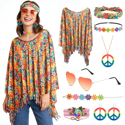 8 Stück Hippie Kostüm Damen Set mit Hippie Poncho Frieden Zeichen Halskette Ohrringe Stirnband Armbänder Sonnenbrillen 60er 70er Jahre Hippie Kleidung Faschingskostüme Flower Power für Karneval (A)