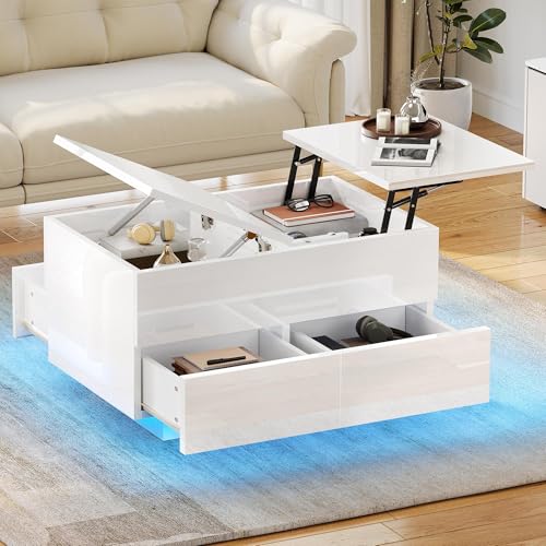 YITAHOME Couchtisch Höhenverstellbar mit 4 Schubladen, Wohnzimmertisch Hochglanz mit LED, Kaffeetisch mit Stauraum, Weiß, 80x55x46cm