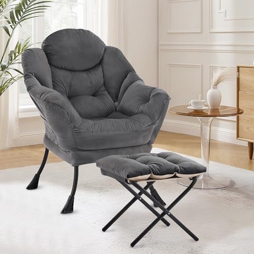 XH.Easy Go Lazy Chair mit Ottomane, Sessel Wohnzimmer Ohrensessel mit Hocker, Lesesessel Bequem Armchair Lounge Sessel mit Fußhocker, Relaxstuhl Relaxsessel mit Fußstütze, Seitentasche, Dunkelgrau