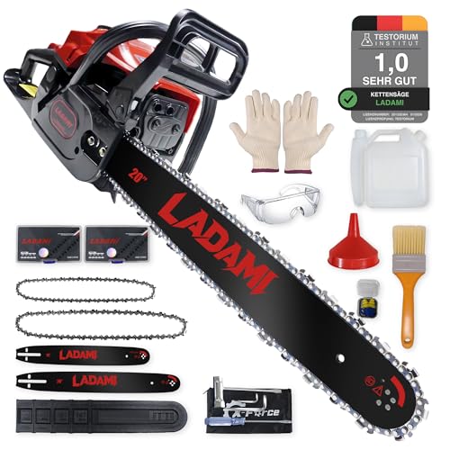 LADAMI Benzin Kettensäge 58CC Profi,2-Takt-Motorsäge,3,5PS Motorkettensäge mit 20 Zoll&16 Zoll Schwert,2 Ketten,Vibrationsdämpfung,Sicherheitsschalter,Benzin-Baumpflegesäge für Holzfällen,Gartenarbeit