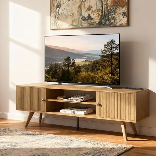 TV Schrank Holz 140cm lang – Lowboard Stehend mit 2 Staufächern & 2 Offenen Regalen, TV Sideboard Wohnzimmer für 60 Zoll Fernseher, Fernsehtisch Holz aus P2-Platte 15cm, Moderner & Landhausstil,Eiche
