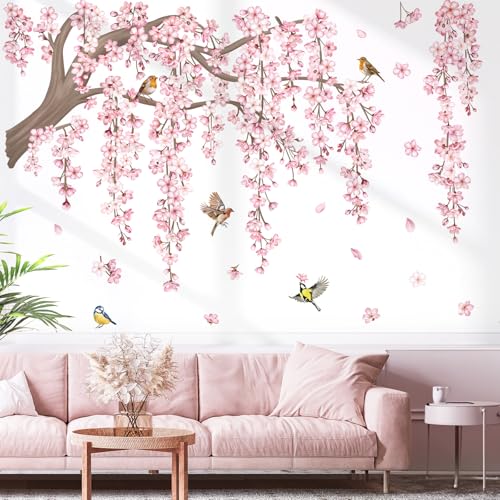 decalmile Wandtattoo Groß XXL Kirschblüte Rosa Baum Ast Wandaufkleber Hängende Blumen Blüten Vögel auf Baum Wandsticker Schlafzimmer Wohnzimmer Sofa Hintergrund Wanddeko