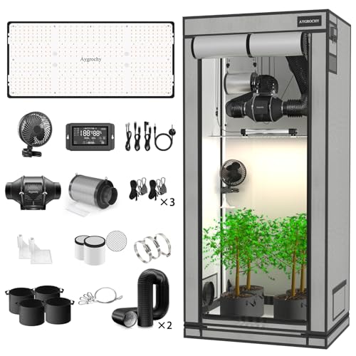 Aygrochy Growzelt Komplettset mit Central Integrated Controller. Automatischer Belüftung Zirkulationsplan, Vollspektrum-LED-Wachstumslampe, 60 X120X180cm PEVA Hohe Reflektivität Grow Box Komplettset.