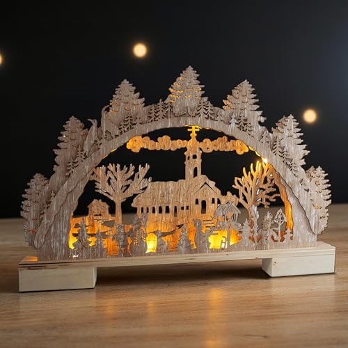 Spetebo Holz Schwibbogen Winterdorf mit 10 LED in warm weiß beleuchtet - 40 x 27 cm - Weihnachts Lichterbogen mit Beleuchtung batteriebetrieben - Weihnachtsdorf Szene Tisch Fenster Deko Aufsteller