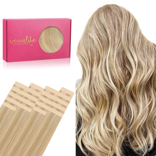 WENNALIFE Tape Extensions Echthaar, 20pcs 50g 35cm 14 Zoll Hellblond Highlights Goldblond Remy Invisible Tape Extensions Seidig Gerade Echthaar Extensions Skin Weft Tape Ins