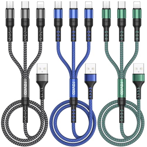 RAVIAD Multi USB Kabel, [3Stück 1.2M] Multi Ladekabel 3 in 1 Schnellladekabel Nylon USB Ladekabel Mehrfach mit Micro USB Typ C Lightning Kabel für iPhone 17 16 15 14 Pro, Galaxy S25 S24 S23, Huawei
