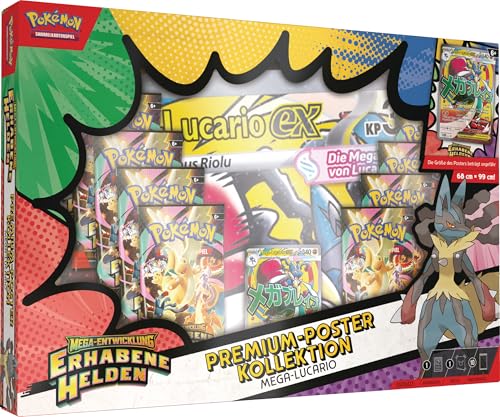 Pokémon-Sammelkartenspiel: Premium-Poster-Kollektion Mega-Entwicklung – Erhabene Helden: Mega-Lucario (1 holografische Promokarte, 1 doppelseitiges Poster und 10 Boosterpacks)