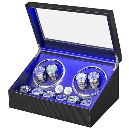 ANWBROAD Uhrenbeweger 4 Uhren+6 extra Speicherplätze Uhrendreher Automatikuhren 4 Drehmodis mit Super Leisem Mabuchi Automatik Uhrenbeweger Watch Winder Uhrendreher Karbonfaser USB-Aufladung JWW002F