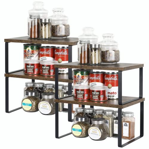 LIANTRAL Küchenregal, 4er Set Küchenschrank Organizer, Küchen Organizer aus Metall und Holzwerkstoff, Erweiterbar und Stapelbar kleines Regal Küche Schrank-Organizer Gewürzregale, Braun und Schwarz