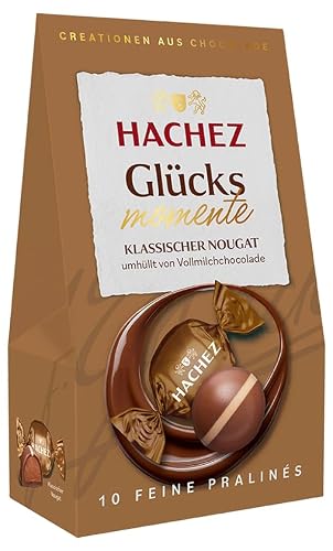 HACHEZ Glücksmomente Klassischer Nougat 112g – 10 zartschmelzende Nougat Pralinés aus feinem Edelkakao, einzeln verpackte Milchschokoladen Pralinen für besondere Genussmomente