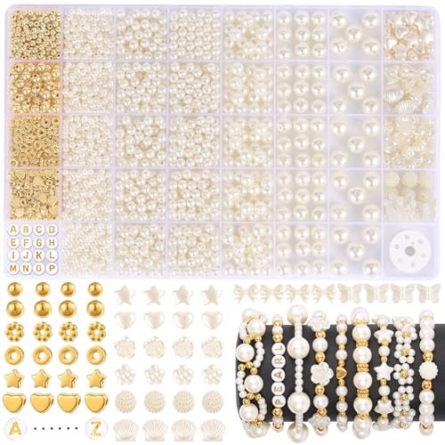 Funtopia 1860 Stück Perlen für Armbänder, 5 Größen Weiß Perlen Set