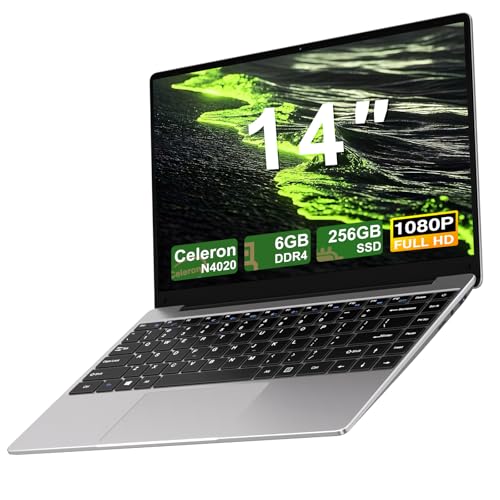 NOTODD 2025 Laptop 14 Zoll Win 11 Pro 6GB RAM 256GB SSD Unterstützung 1TB (TF 1TB) Notebook Celeron N4020 (bis2.8GHz) 5000mAh 1920x1080p WiFi Deutscher Tastaturschutz und kabellose Maus-Grey