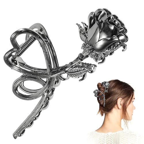 Mabor Schwarze Rose Haarspange Metall，Blume Retro Haarklammer Gothic Haarschmuck Rockabilly Damen Kopfschmuck Damen Y2K Groß Herzförmige Metall Mädchen Hair Clip Rose Haarschmuck Punk und Y2k Stil