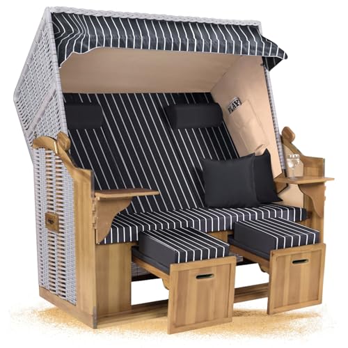 Strandkorb Hanse Ostsee XXL 2,5 Sitzer Volllieger Weiß 150cm breit, ideal für Garten, Terrasse und Balkon (Grau Weiß Nadelstreifen, Zerlegt)