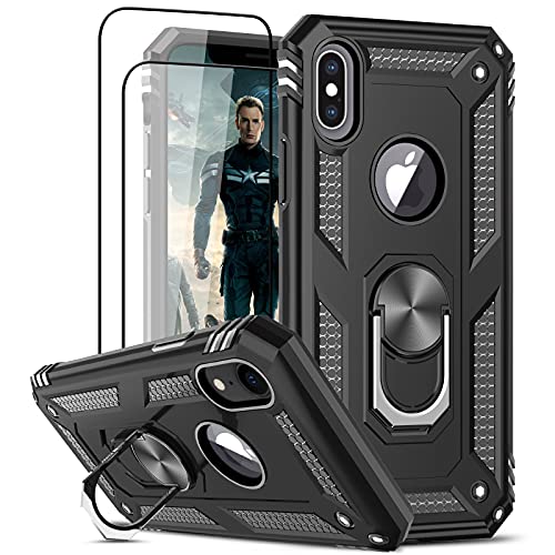 LeYi Hülle für iPhone X Handyhülle iPhone XS mit Panzerglas Schutzfolie(2 Stück),360 Grad Ring Halter Militärische Rüstung Handy Hüllen Stoßfest Cover Schutzhülle Case für iPhone 10/XS Schwarz