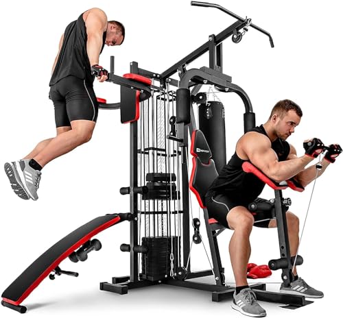 Hop-Sport Kraftstation für Zuhause, Fitnessstation Home Gym mit 72 kg Gewichtsblock, Latzug & Kabelzug, Butterfly, Dip-Station, Curlpult, klappbare Schrägbank, Boxsack inkl. Handschuhe