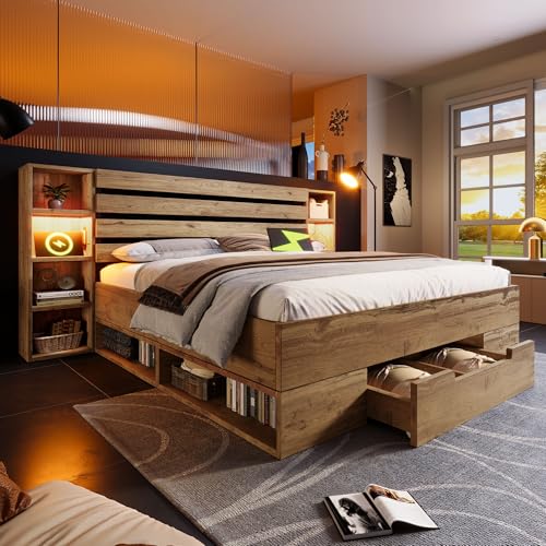 ANIROY Doppelbett Massivholzbett 180x200cm, Stauraumbett Bettanlage mit LED & USB C & Schubladen, Stauraum-Kopfteil Bettgestell aus Holz mit Lattenrost, Eiche B