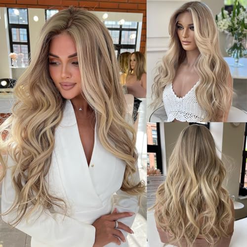 Highlight Creme Aschblond Balayage Effekt Farbe Echthaar Perücke Doppelknoten Technik Perücke 260% Dichte 13x4 Upgrade Spitzenperücke