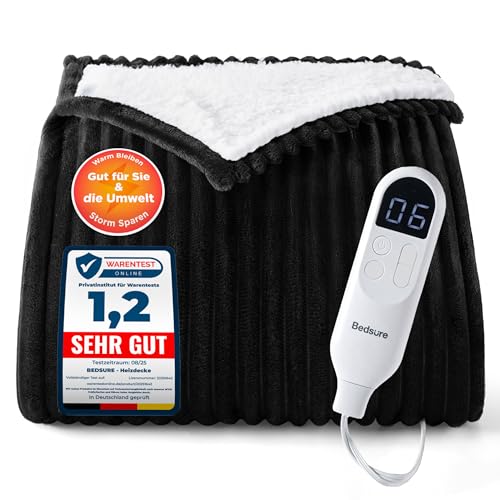 BEDSURE Heizdecke mit Abschaltautomatik 130x180cm - Wärmedecke mit 6 Heizstufen & 10 Stunden Timer, bis zu 8 Stunden Überhitzungsschutz, Elektrische Kuscheldecke für Home & Office, Gestreift Schwarz