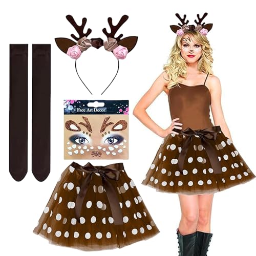 Rentier Haarreif, Halloween Kostüm Frauen, 5 Stück Faschingskostüme Damen Geweih Haarreif Tüllrock Gesichtsaufkleber Schwarze Overknee Socken Schleifenband, für Fasching Halloween Karneva Mottoparty