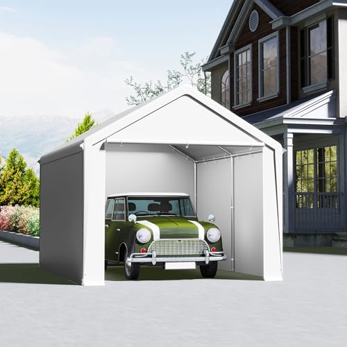 VA-Cerulean Carport Zeltgarage 3x4m, Lagerzelt mit wetterfester PE Plane, Garagenzelt mit verzinktem Stahlrahmen, mit Erdankern und Abspannseilen, Unterstand für Auto, Geräte und Gartenbedarf, Weiß