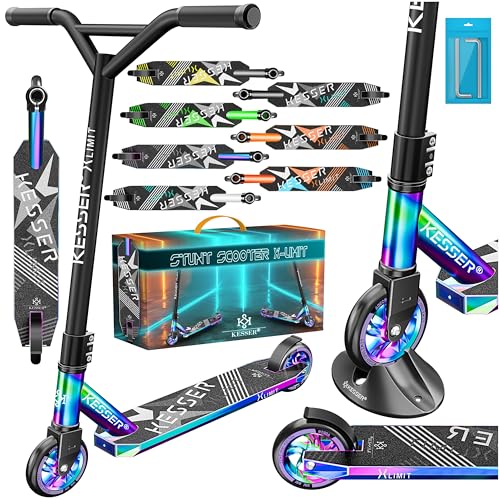 KESSER® Stunt Scooter X-Limit - 360° Lenkung Robuster Funscooter Stuntscooter mit ABEC 9 Kugellagern, 100 mm PU Räder, Kickscooter Tretroller Cityroller Trick Roller für Kinder Erwachsene, Rainbow