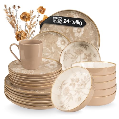 Moritz & Moritz MARIELLA Steingut Geschirrset 6 Personen 24-tlg. - Modernes Tafelservice in Beige mit verspieltem Design, Pflegeleichtes Kaffeeservice mit Teller Set, Schüsseln & Tassen - Kombiservice