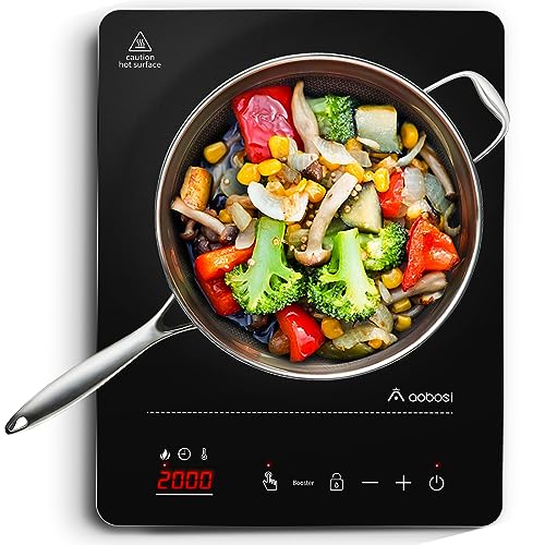 Aobosi Induktionskochplatte,Induktionskochfeld 1 Platte, 20 Leistungsstufen und 20 Temperaturstufen,2000W Tragbares Induktionskochfeld,LED Display,10H-Timer,Booster-Funktion,Silber