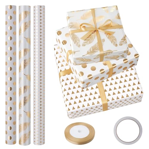 Geschenkpapier 43 cm x 3 m，3 Rollen Gold Foil Geschenkpapier Geburtstag Set mit Doppelseitigem Klebeband & Geschenkband für Geburtstage, Hochzeiten, Partys und Geschenke