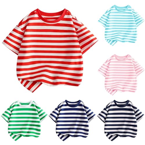 T Shirt Kinder Gestreift Kurzarm Tshirt Mädchen Junge Coole Baumwolle Oberteile Gestreiftes Kinderkleidung Basic Leicht Rundhals Top Lässig Atmungsaktiv Sportshirt (Red, 7-8 Years)