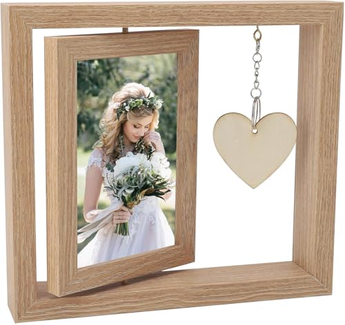 APOMOONS 10x15cm Bilderrahmen Holzrahmen Personalisiert Doppelseitiger Fotorahmen,Holz Drehbare Fotorahmens mit Herz Anhänger,DIY-Fotorahmen Geschenk für Mama (Holzmaserungsfarbe)