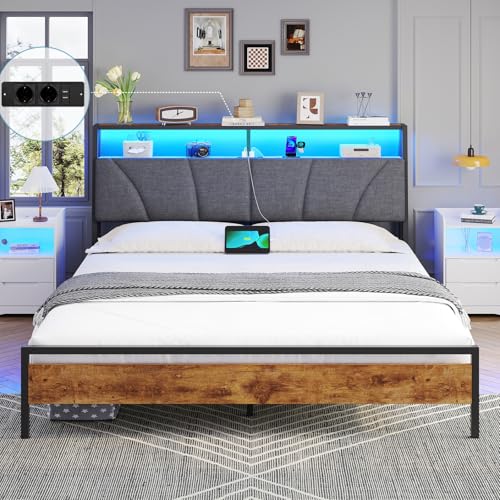 Brinlawb Bett 180x200 cm mit LED Beleuchtung und Ladestation (2 AC-Steckdosen, USB-A, USB-C) Doppelbett 180x200 mit gepolstertem Kopfteil und 2 offenen Regalen, Bettgestell 180x200cm, Metallbett, Grau