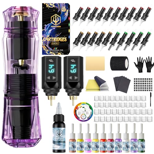 POSEIDON Kabelloses Tattoo-Pen-Set mit 2 langlebigen Akkus & komplettem Starter-Zubehör | Professionelle kabellose Tattoo-Maschine für Anfänger | Inklusive 20 Nadeln, Farben, Übungshaut