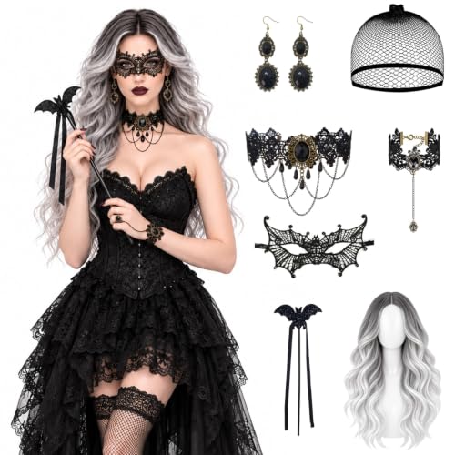 7 Pcs Perücke Halloween Damen - 65cm Lange Gewellt Silber Grau Perücke