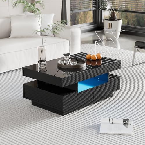 Merax Wohnzimmertisch, LED Couchtisch mit Stauraum, Hochglanz Kaffeetisch Wohnzimmer mit Vier Schubladen, Modern Coffee Table, 80 x 50 x 36 cm, Schwarz
