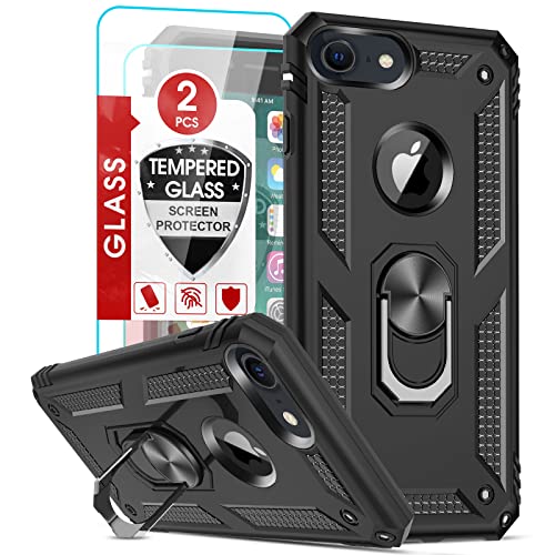 LeYi für iPhone 8/7/6/6s Hülle, Handyhülle iPhone SE 2022/2020 Schutzhülle & 2*Schutzfolie, 360 Grad Ständer Militärische Stabile Stoßfest TPU Bumper & PC Hardcase Handy Hüllen Schwarz
