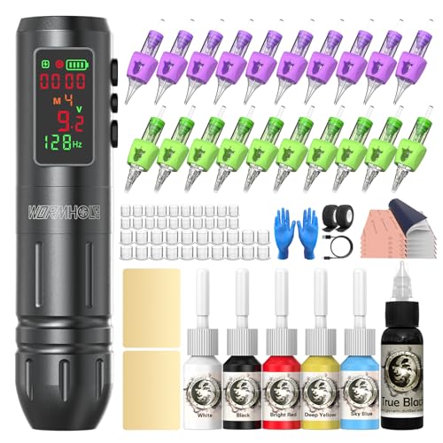 Wormhole Tattoo Maschine Set Kabelloser Tattoo Set mit 20 Stück Tattoo Nadeln 6 Tattoo Farbe Profis Tattoo Stifte für Tattoo Anfänger und Künstler