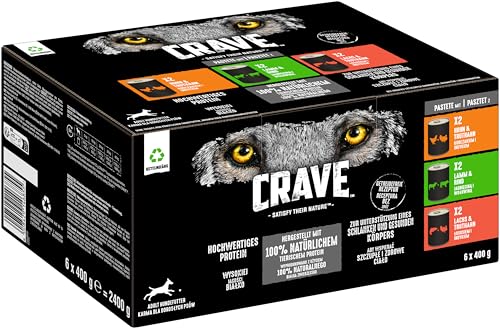 CRAVE Adult Hundefutter nass ohne Getreide - 6x400g Dosen - Premium Nassfutter für Hunde in 3 verschiedenen Sorten - mit 100 Prozent natürlichem Protein