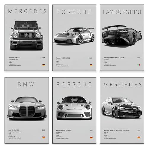 VOYANTE 6 Stück Super Auto Poster, Supercar Poster, Schwarz Weiß Supersportwagen Wandbilder für Jungen und Männer, Rennwagen Leinwandbilder für Wohnzimmer, Wohnzimmer, Geschenk für Autoliebhaber (C)