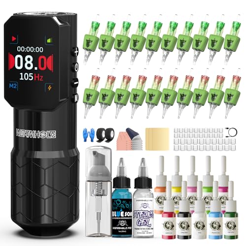 Wormhole Tattoo Maschine Set – Kabelloses Tattoo Set mit Tattoo Maschine, Jump-Start & Dotwork Modus, 1500mAh Akku, 20 Tattoo Nadeln, 10 Tattoo Farben – Komplett Tattoo Stifte Set für Anfänger