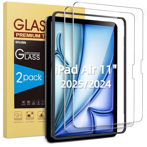 SPARIN 2 Stück Panzer Schutz Glas für iPad Air 11 Zoll M3 2025/ M2 2024, Schutzfolie für iPad Air 7/6.Generation, mit Rahmen-Installationshilfe,Kratzfest,9H Härte,Anti-Bläschen,HD-Klar