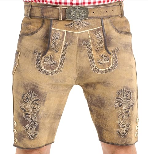 SYMPHONIE WESTERWALD Bayerische Herren Trachten Lederhose mit Trachtengürtel + Hosenträger, speckig, antik Look, Antikbraungrau, Gr. 50