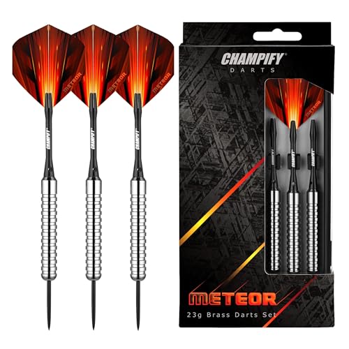 Champify® Brass Darts Set “Meteor” mit 23g Barrel und Stahlspitze | 3 Dartpfeile mit 6 Schäften & Flights | inkl. weiteres Zubehör | Dartpfeile mit Stahlspitzen
