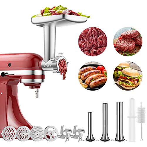 GVODE Fleischwolf-Aufsatz für KitchenAid Standmixer, inklusive 3 Wurstfüllhörner, 2 Schleifklingen, 4 Mahlscheiben und einer Reinigungsbürste – Fleischwolf-Zubehör für KitchenAid