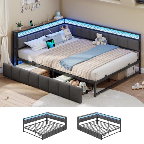 AOGLLATI Polsterbett Schlafsofa 140x200 mit USB-Steckdosen und LED-Beleuchtung Jugendbett 140x200 mit 2 Schubladen,Tagesbett Gästebett Bettgestell mit Lattenrost,Ohne Matratze (Grau) (140x200cm)