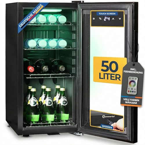 Sommertal Kühlschrank mit Glastür GK50 50L – Leiser Getränkekühlschrank mit RGB LED, Touchscreen & Schloss Kleiner Flaschenkühlschrank Schwarz